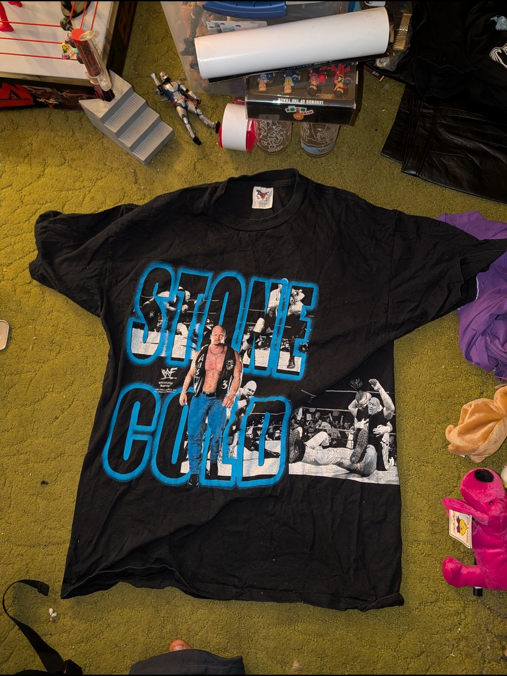 WWE Stone Cold Black T-Shirt with Blue and White Graphics